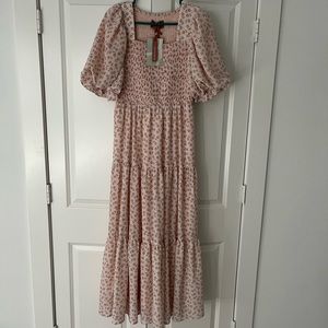 Pale pink maxi dress w/floral pattern. Has the cutest detailing and puff sleeves